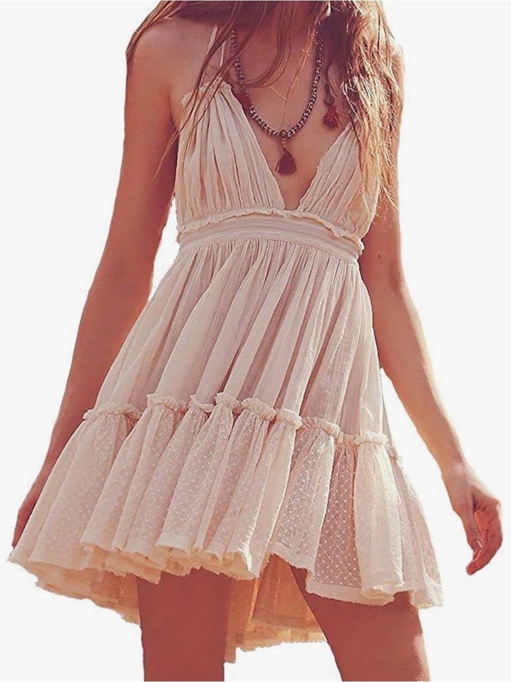 Boho Cream Ruffled V-Neck Mini Dress
